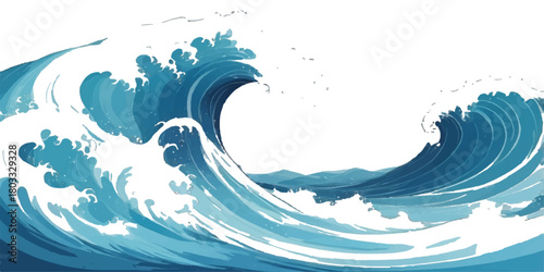 Blue vector illustration of an ocean wave pattern on a summer sky backdrop