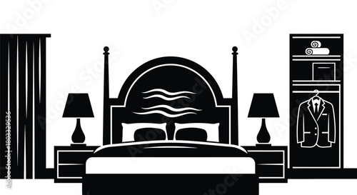 Elegant bedroom scene with bed, nightstands, lamps, and wardrobe