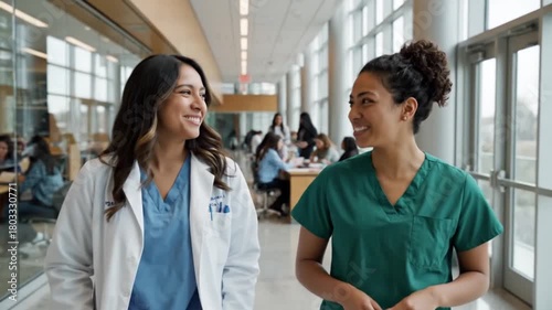 Two diverse female medical professionals walking and talking in a modern hospital, embodying collaboration, teamwork, and a holistic approach to healthcare