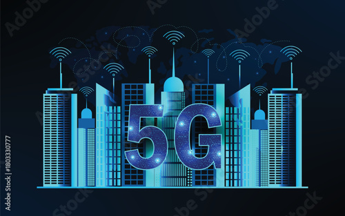 5G network wireless internet Wi-fi connection and internet of things with modern city skyline. Smart city and communication network concept