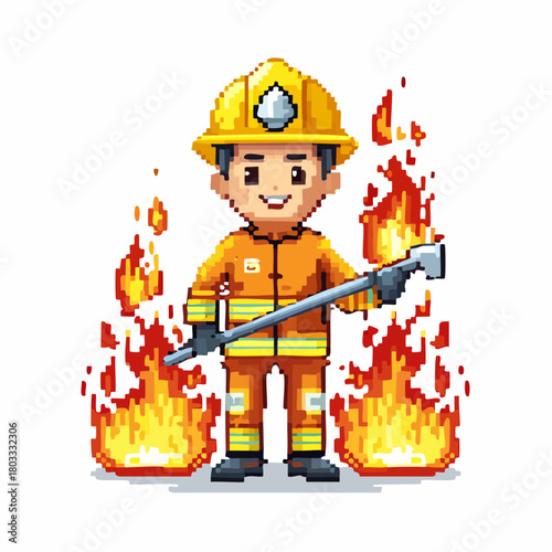 Pixel art illustration of a smiling firefighter in uniform surrounded by flames, holding a tool.