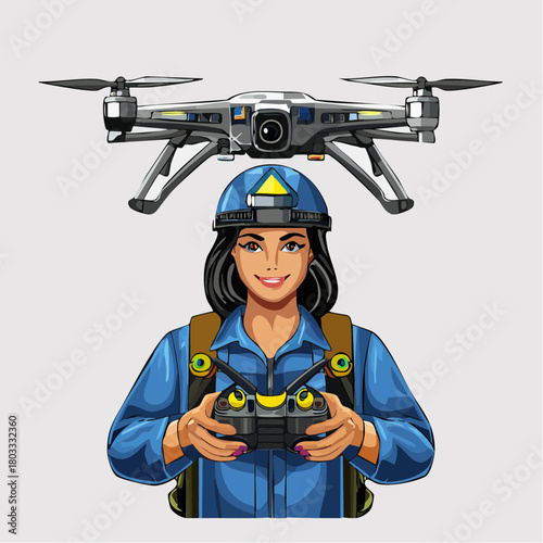 A smiling woman in a hard hat and blue uniform operating a drone with a remote controller, with the drone flying above her.