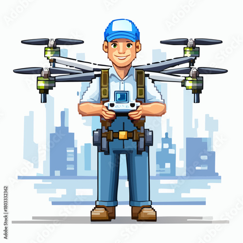 Pixel art illustration of a smiling man operating a drone with a controller, set against a pixelated city skyline.