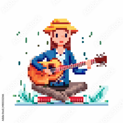 Pixel art illustration of a young woman in a straw hat sitting cross-legged and playing an acoustic guitar.