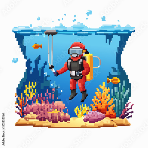 Pixel art illustration of a diver taking a selfie underwater amidst colorful coral and fish.