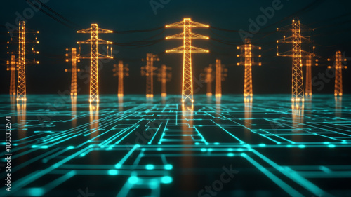 Smart grid technology, digital power line, electricity network, glowing, futuristic energy