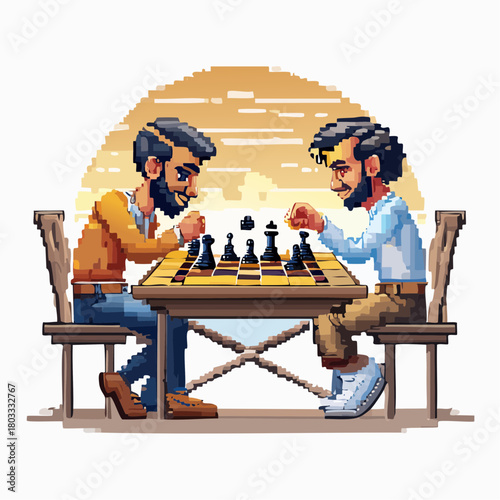 Two bearded men engrossed in a strategic game of chess, rendered in a charming pixel art style against a warm, stylized background.