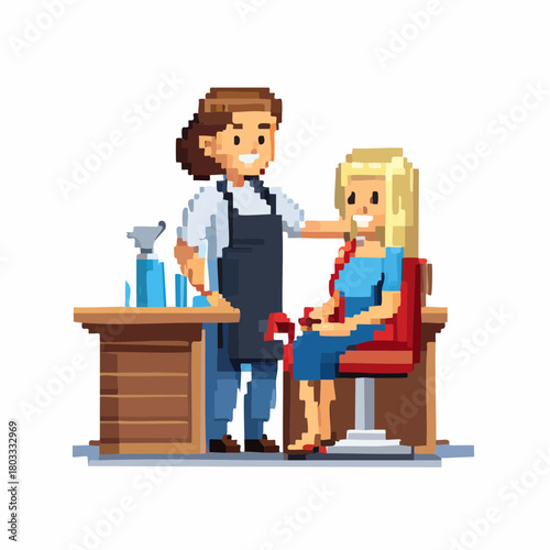 Pixel art illustration of a smiling hairdresser attending to a blonde female client in a salon, with hair products on a counter.