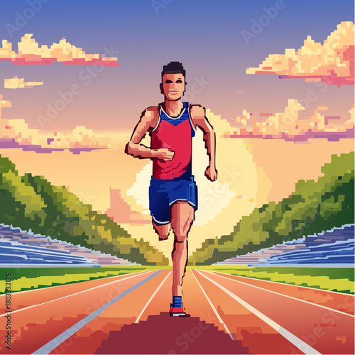 A pixel art male runner on a track at sunset, with stadium stands and trees in the background, depicting a vibrant sports scene.