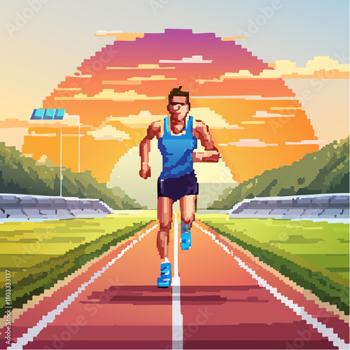 A man running on a track with a pixelated sunset in the background, in a retro video game art style.