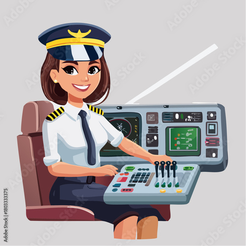 Smiling female pilot in uniform operating controls in an airplane cockpit, cartoon illustration.