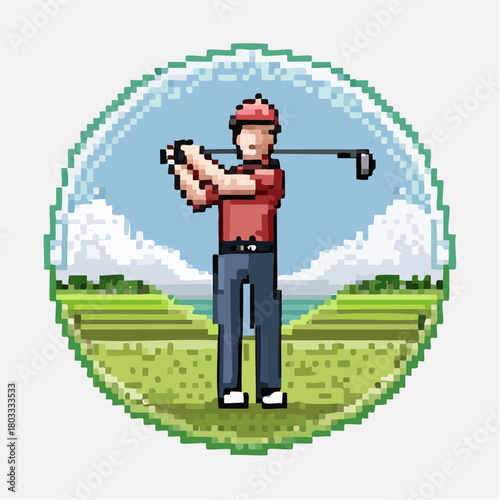 Pixel art illustration of a male golfer swinging a club on a green golf course with water and sky in the background, enclosed in a circular frame.