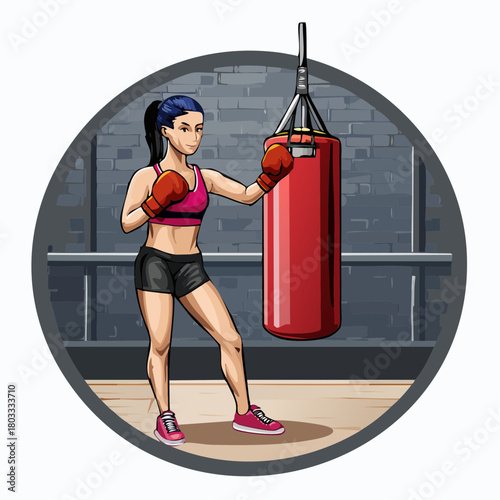 A cartoon illustration of a fit woman in boxing gear punching a red heavy bag in a gym setting, depicting a focused workout session.