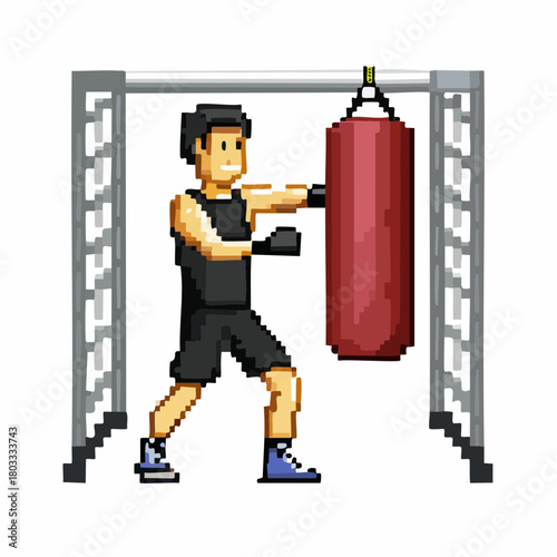A pixel art illustration of a man in boxing gloves punching a red heavy bag suspended from a metal frame.