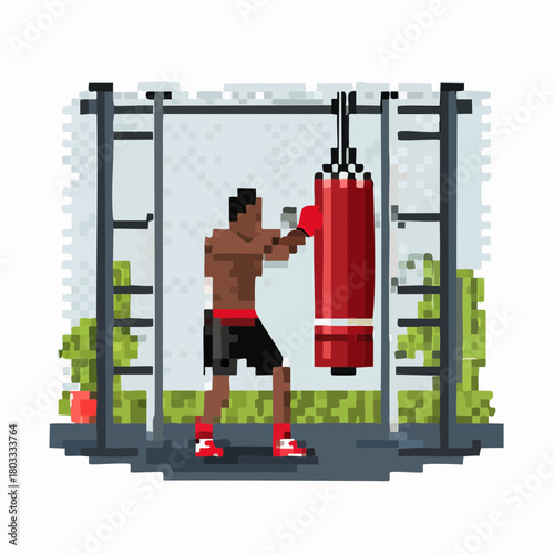 A pixel art illustration of a man boxing a red punching bag outdoors, focusing on fitness and training.