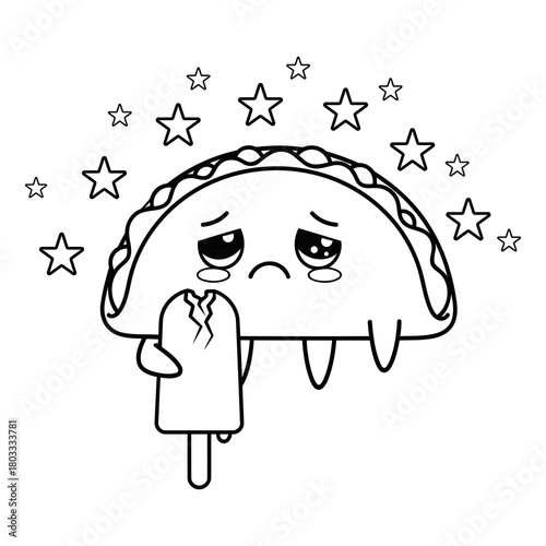 Sad taco character crying holding broken ice cream bar surrounded by stars