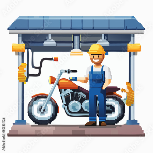 Pixel art illustration of a smiling mechanic in overalls and a hard hat standing next to a classic orange motorcycle in a service bay.