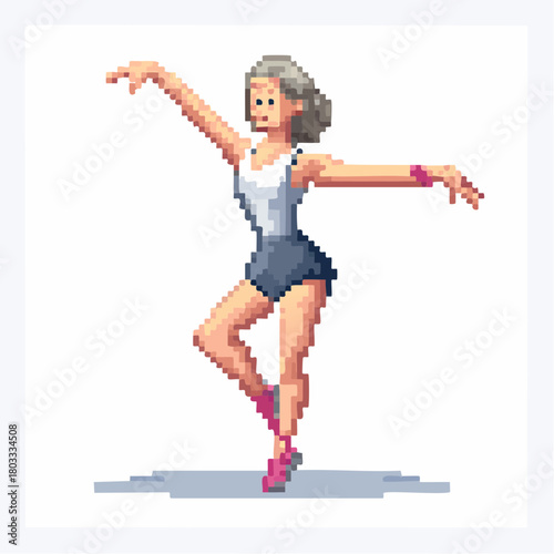 Pixel art illustration of a woman with grey hair performing a ballet pose, wearing a white top, grey shorts, and pink shoes.