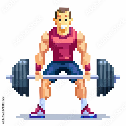 Pixel art illustration of a strong man in a pink tank top and blue shorts, smiling while performing a deadlift with a heavy barbell.