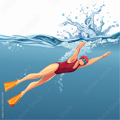 A person in a red swimsuit, cap, and goggles, wearing yellow fins, swimming gracefully underwater with a splash on the surface.