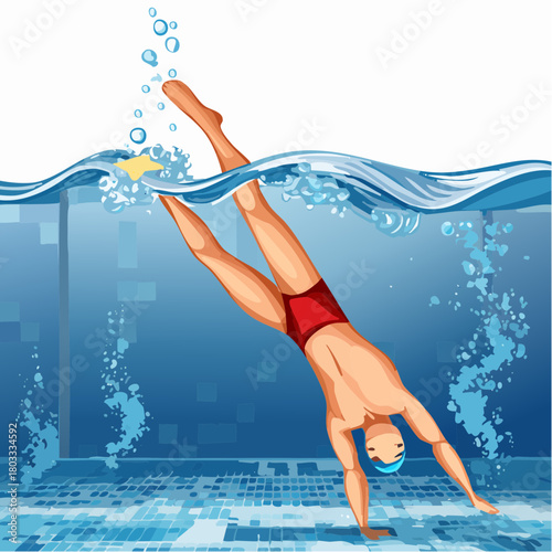 Man diving headfirst into a blue swimming pool, creating splashes and bubbles.