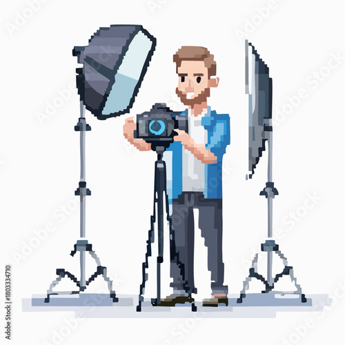 Pixel art illustration of a male photographer setting up a camera with studio lights.
