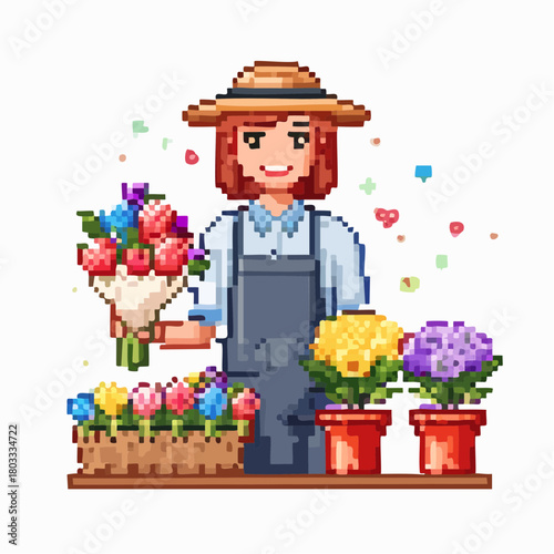 Pixel art illustration of a smiling female florist holding a colorful bouquet, with potted plants and a basket of tulips.