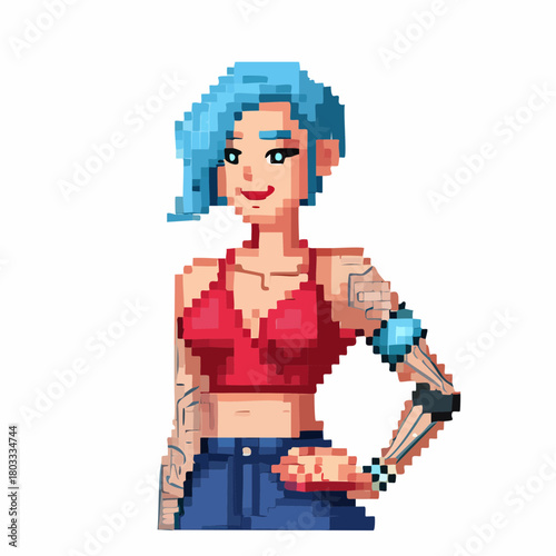 Pixel art illustration of a smiling woman with blue hair, a red top, blue jeans, and a cybernetic arm with tattoos.