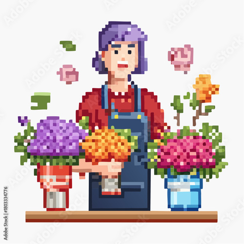 Pixel art illustration of a female florist with purple hair arranging colorful flowers in pots on a shelf.