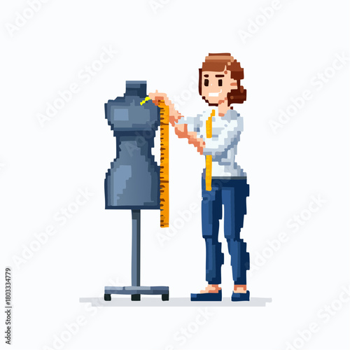 Pixel art illustration of a female tailor measuring a dress form mannequin with a yellow tape measure.