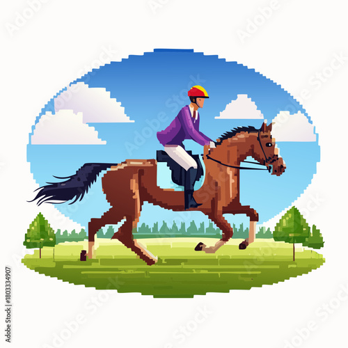 Pixel art illustration of a person riding a brown horse across a green field under a blue sky with clouds.