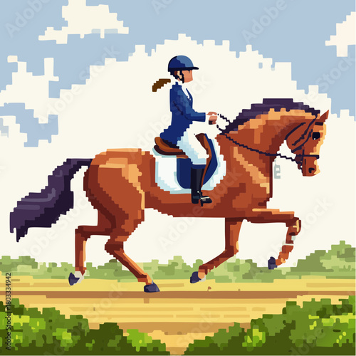 Pixel art illustration of a female rider on a brown horse, trotting across a green field under a cloudy sky.