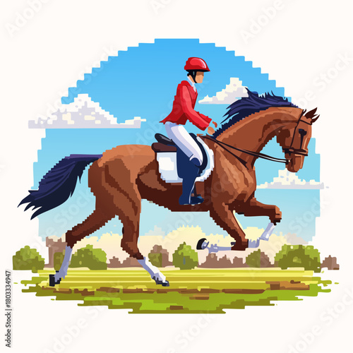 A pixel art illustration of a person in equestrian gear riding a brown horse across a green field under a blue sky with clouds.