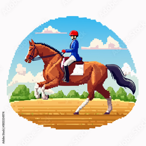 Pixel art illustration of an equestrian riding a brown horse with a red helmet and blue jacket in an outdoor setting.