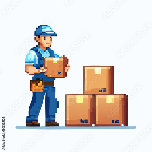 Pixel art illustration of a delivery person in blue uniform holding a box next to a stack of cardboard packages.
