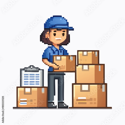 Pixel art illustration of a woman in equestrian gear riding a brown horse across a green field under a cloudy sky.