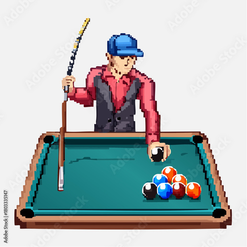 A pixel art illustration of a person in a cap playing billiards on a green pool table with colorful balls.