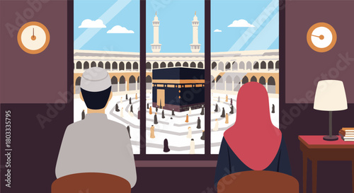 Muslim couple viewing the Kaaba in Mecca from a window, a spiritual pilgrimage illustration