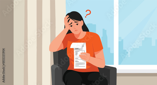 A stressed woman sitting in a chair holds a long receipt, feeling anxious and confused about her high expenses and financial budget