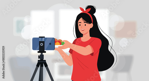 Woman Filming Food with Smartphone for Online Content