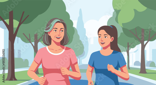 Happy mother and daughter jogging together in a city park, enjoying an active and healthy lifestyle vector illustration