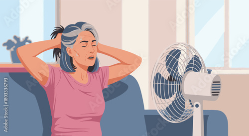 Woman Feeling Overheated Near a Fan During a Heatwave, Illustration of Summer Discomfort