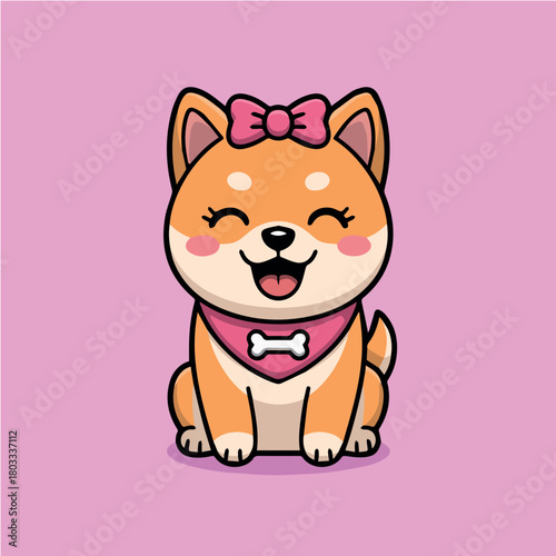 Vector a cartoon shiba inu dog sitting with a pink bow and bandana against a pink background