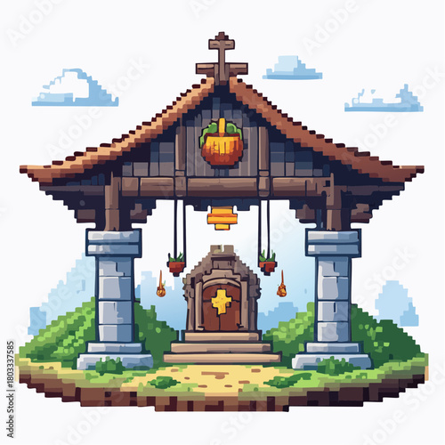 Pixel art depiction of a fantasy shrine or temple structure with a wooden roof, stone pillars, and a central altar, set on a grassy island with pixelated clouds.