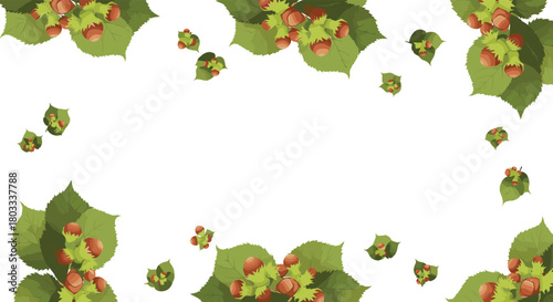 Hazelnuts and green leaves scattered around a white background, creating a decorative frame with ample copy space for text.
