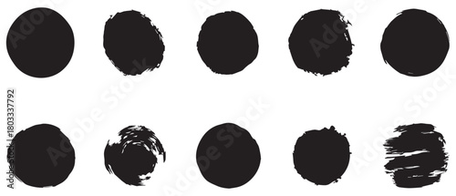 black brush stroke circles with various textures on a white background.