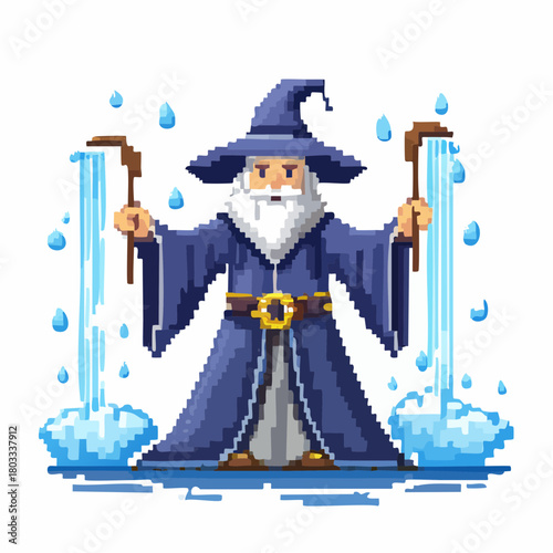 Pixel art wizard with a long white beard and blue robe, conjuring water streams from two staffs.