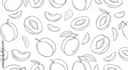 Black and white seamless pattern with hand-drawn plum illustrations, featuring whole plums, halves, and slices, on a clean white background.