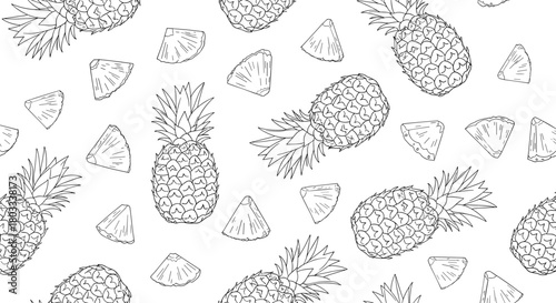 Seamless pattern of hand-drawn pineapples and various pineapple slices in a black and white line art style, perfect for tropical designs.