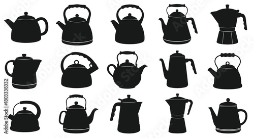 A collection of diverse silhouette illustrations featuring various styles of kettles, teapots, and moka pots for brewing hot beverages.